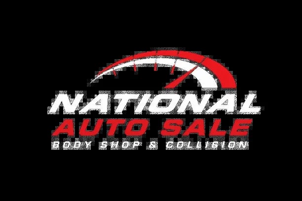 National Auto Sale body shop and collision repair logo with speedometer gauge design on black background